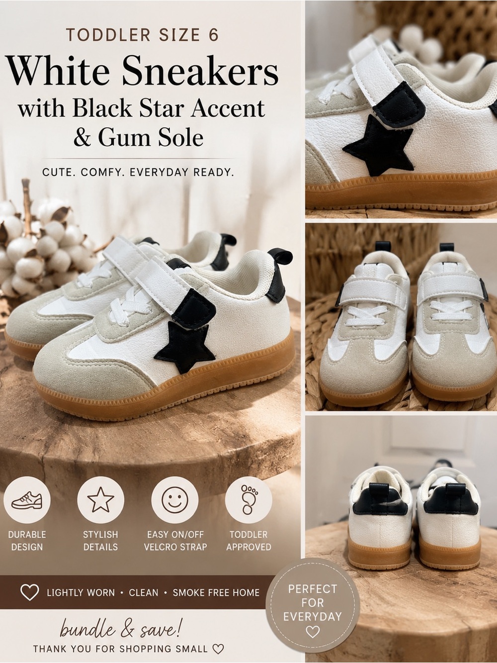 Toddler size 6 White Sneakers with Black Star Accent and Gum Sole